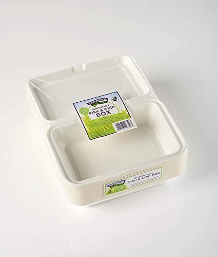 Caterpack Enviro Range Fish + Chip Boxes 6 x 9 50 pack. Disposable, biodegradable chip boxes. Suitable for microwaving and freezing, water repellent and greaseproof
