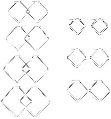 JewelryWe Schmuck 7 Paar Damen Ohrringe Edelstahl Poliert große Quadrat Viereck Geometrie Hoop Creolen Ohrstecker Silber 20mm~50mm