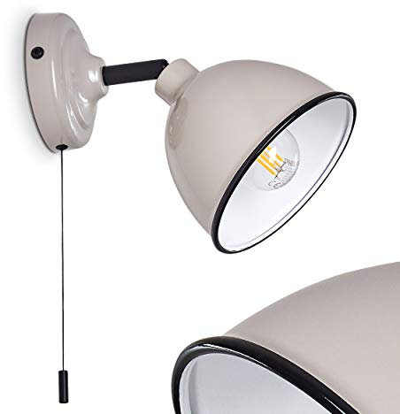 Wandleuchte Catharine, verstellbare Wandlampe aus Metall in Grau/Weiß/Schwarz, 1-flammig, 1 x E14-Fassung, Wandspot im Retro-Design, mit Zugschnur zum An-/Ausschalten, ohne Leuchtmittel