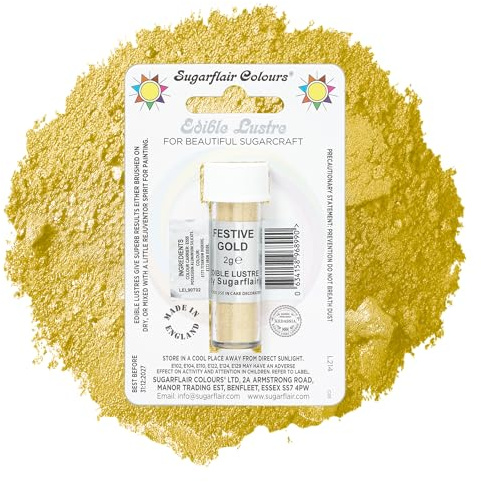 Sugarflair Festive Gold Edible Lustre Dust, Add a Lustrous Shine to Cakes or Decorations. Brush On or Add Rejuvenator to Create Eye-Catching Edible Paint, Gives Shine to Your Bakes - 2g