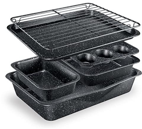 Granitestone 6-Piece Black Stackable Non-Stick Cookware Set with Oven, Baking Pan, Wire Rack - Complete Kitchen Cooking Set, Oven Safe and