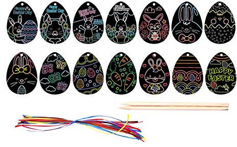 30/36/48 Stück Ostern Kratzbilder, Kratzpapier Kaninchen Karottenei Bastelset, Ostereierhasen-Kükenform mit Bändern Kratzstift Scratch Art für Osterfest Party Deko DIY Handwerk (1 Satz)