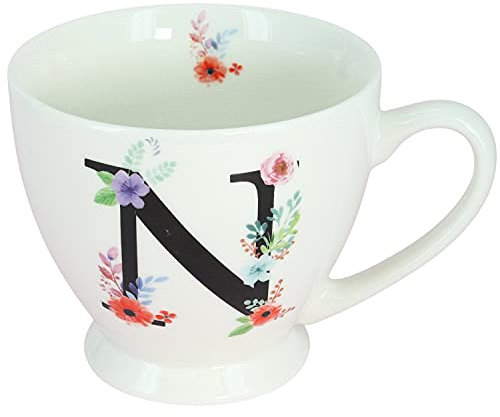 G Decor White Floral, 350ml, Alphabet A-Z Ceramic Tea Coffee XL Cup Mug, Novelty Drinkware for Morning or Evening Drink (N)