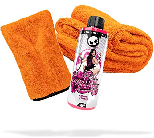 detailmate Auto Wasch- und Trockenset: Nuke Guys Pink Cherry Shampoo - Autoshampoo 500ml + Mikrofaser Präzisionshandschuh + Gamma Dryer Trockentuch XXL für die optimale Handwäsche