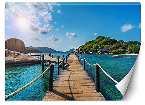 Feeby Wandtapete Fototapete Vlies Exotisch Pier 250x175 cm Blau Modern Tapete Wohnzimmer Schlafzimmer Restaurant Bucht Ozean Hügel Himmel