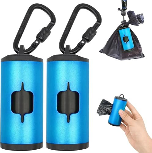 SHAOUMAN Metall-Hundekotbeutelhalter Aluminium-Kotbeutelspender mit 30 schwarzen geruchsneutralen Hundekotbeuteln und 3 Leinen Zubehör(2 Halter 30 Beutel,Blua)