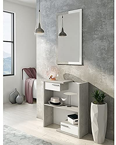 Dmora - Hallway furniture with mirror, entrance hall with drawers, Pocket emptier for small apartments, cm 80x28h170, White and Cement color