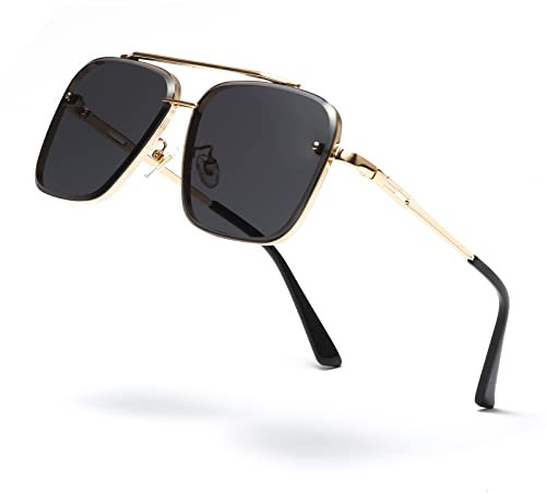Long Keeper Retro Square Sunglasses - Vintage Pilot Sunglasses for Men Women Double Bridge Metal Square Frame Retro Pilot Style Glasses UV400 Protection