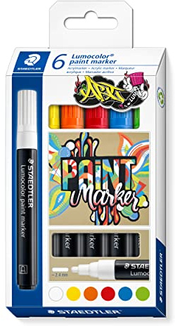STAEDTLER Lumocolor 349 ART Acryl-Marker – 6er Set, 2,4 mm | Rundspitze, permanente Acryltinte auf Wasserbasis – wisch- & wasserfest – Art.-Nr. 349 C6