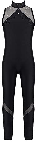 Manyakai Mädchen Turnanzug Ganzkörper Ärmellos Balletttrikot Gymnastik Leotard Bodysuit Einteiler Ganzkörperanzug Wettbewerb Performance Bekleidung Black 146-152