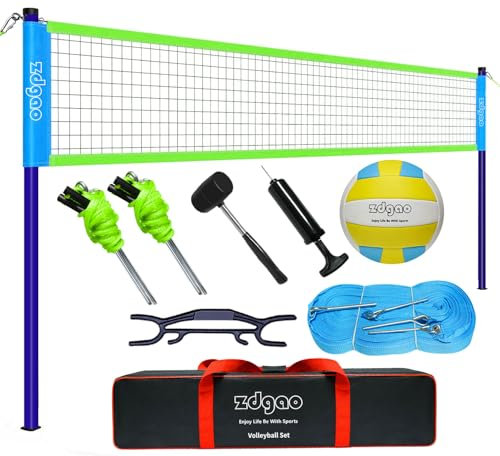 Volleyballnetz für den Außenbereich – tragbares Volleyball-Set für den Hinterhof mit professionellem Volleyballnetz, Wickelgarn Volleyball und Pumpe, Begrenzungslinie, Tragetasche (Blau und Grün)