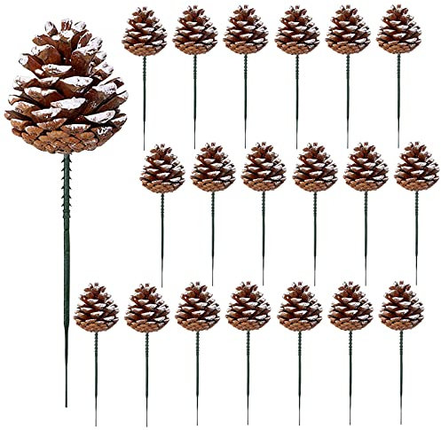 20 Stück 5,1 cm Weihnachts-Tannenzapfen mit Schneespitze natürliche Tannenzapfen mit 12,7 cm grünem Draht-Plektrum