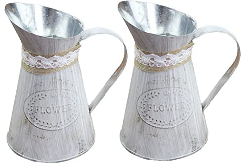 2PCS Vintage Flower Bucket Rustic Iron Jug Garden Pitcher Flower Metal Vase Desktop Plants Pot for Home Decor
