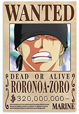 NANXIANG Anime One Piece Wanted Poster Roronoa Zoro Kunstwerke Leinwand Poster Wandkunst Drucke Zuhause Moderne Dekoration 20 x 30 cm