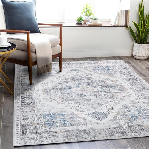 TOPICK Teppich Wohnzimmer Waschbar Grau Dünner Blumen Vintage Matten Schlafzimmer Kinderzimmer rutschfest Kurzflor Faltbar Teppiche Gegend für Flur Badezimmer 120x180cm