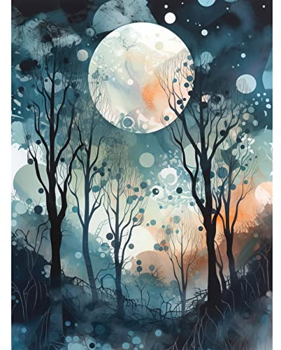 Artery8 Full Moon Winter Forest Landscape Snowfall Over Trees at Night Unframed Wall Art Print Poster Home Decor Premium
