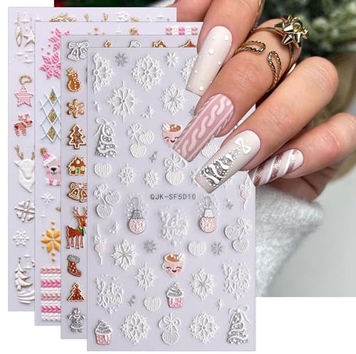 3D Christmas Nail Stickers, 4 Sheets 5D Self-Adhesive Embossed Nail Decal Snowflake Tree Nail Art Decoration Design Supplies