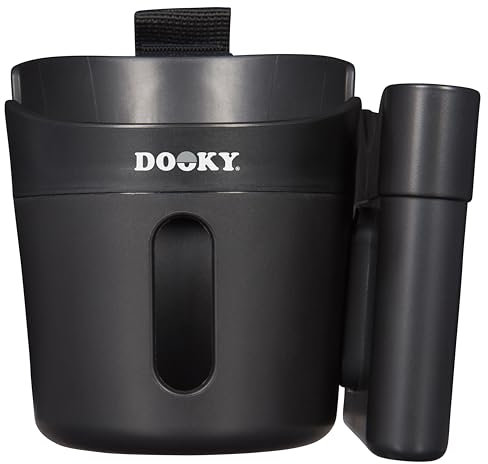 Dooky 2-in-1 Cup and Phone holder for Pram, Anti-Slip Rubber-Padded Layer for Extra Stability, Universal Fit, Adjustable Velcro Strap, 360 Degree Flexibility, BPA Free, Unbreakable, Shockproof, Black