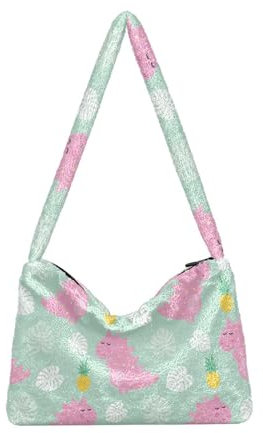 Rosa Dinosaurier Ananas Schulter Tote Taschen für Frauen Furry Crossbody Tasche Hobo Handtasche Geldbörsen für Teenager Mädchen Universität, Rosa Dinosaurier Ananas, Einheitsgröße