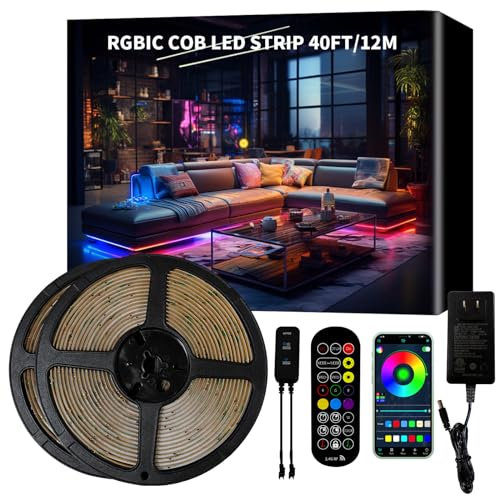 BUNACET RGB+IC COB LED Streifen Strip 12M 24V Dimmbar, Lichtband LED Band Leiste Lichtleiste Selbstklebend mit Netzteil RF Fernbedienung & App-Steuerung, Musik Sync für Küche Schlafzimmer Deko