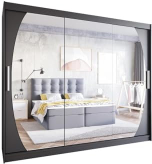 Easy4You L5 250 cm Schwarz Schiebetüren Kleiderschrank 250x215x58 cm mit Spiegel - Schlafzimmermöbel, Aufbewahrung - Mehrzweckschrank