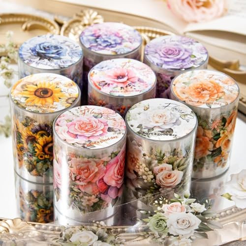Scrapbook Stickers, 8 Rollen Blumenaufkleber Transparente PET Scrapbooking Aufkleber, Flower Stickers,Schmetterling Blumen Sticker für DIY Fotoalbum Tagebuch Scrapbooking Gepäck Kalender Wand (01)