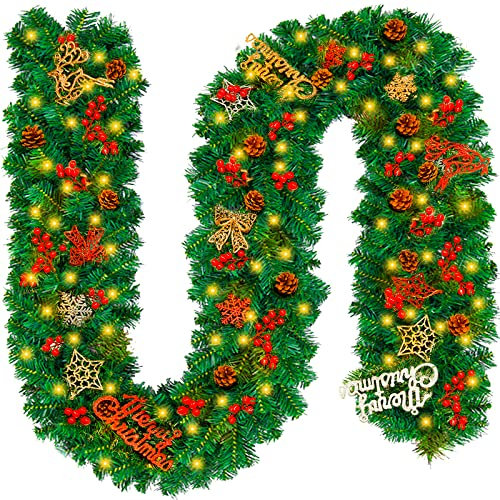 HYOJCWU 2.7M Tannengirlande Künstlich LED Weihnachtsgirlande Deko 30LED Weihnachtsgirlande mit Beleuchtung Hängende Girlande Deko Weihnachtsdekoration für Kamin Treppentür Treppen Türen Baum Garten
