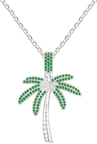 Vivaday Palm Tree-Design Inlaid Green Cubic Zirconia Pendant Necklace | Silver Plated Rustproof Steel Chain | Hawaii Bridal Beach Jewelry | Birthday Gift suitable for all genders | 18+2 inch | YA4829