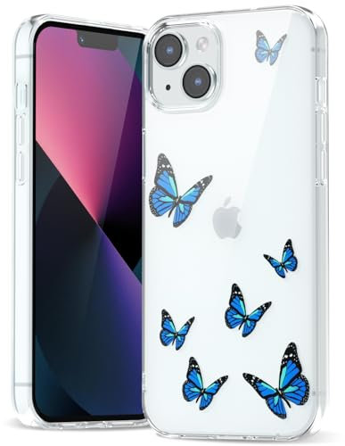 Svanove for iPhone 13 Mini/ 12 Mini Case Flower, Girly Cute Clear Floral Aesthetic Design, Slim Thin Transparent Hard Shell Plastic Phone Case for Women Girls, Trendy Elegant Pattern, Blue Butterfly