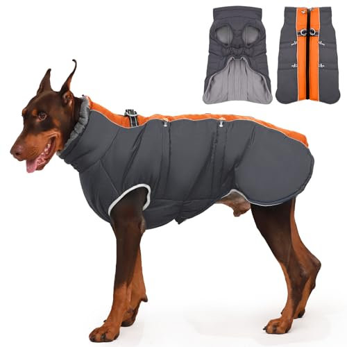 Katzinst Hundejacke Grosse Hunde, Ärmellose Wasserbeständig Schneemantel Hund, Hundemantel mit Bauchschutz, Fleecekragen Hundemantel Gefüttert für Große Hunde, Deutsche Dogge, Orange-Grau, 3XL