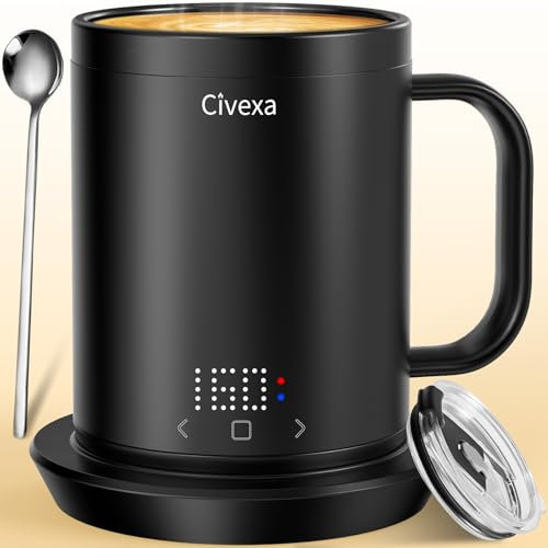 Civexa Heated Coffee Mug, 14 Oz App-Controlled Smart Mug Warmer, 1F Precise Temperature Control, 150 Min Battery Life, Black Stainless Steel