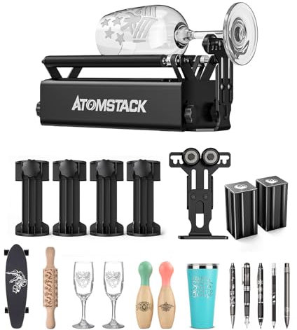 ATOMSTACK R3 Pro Laser Rotationswalze Rotary Roller mit 4 Stück Erhöhter Sitz, 1 Stützsitz, 2 Bullaugenschieber, Y-Achsen-Rotationsrolle für zylindrische, kompatibel mit fast allen Lasergraviermaschin