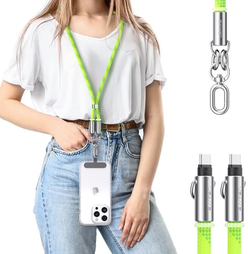 enablink Chaîne universelle pour téléphone portable, Handy Lanyard, Convient pour tous les smartphones, 60W USB C vers C câble de chargement Bande de téléphone portable Réglable et amovible Vert
