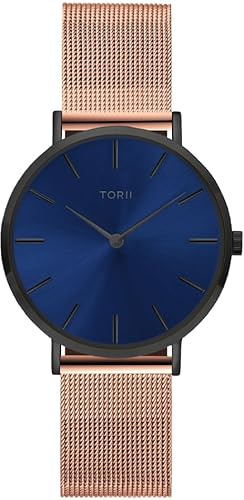 TORII Damenuhr Blau Edelstahl - rund Quarz B34RS.NB Milanaise-Armband Strichindizes wasserdicht 50 m