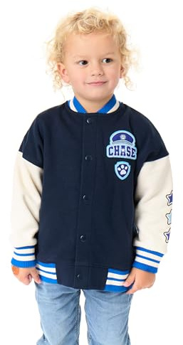 Paw Patrol Chase Boys Bomber Jacket | Kids Puppy Character Varsity Jacket Logo in Blue | Childrens Paw and Star Graphic Zipped Baseball Jacket | Cartoon TV Series Merchandise Gift