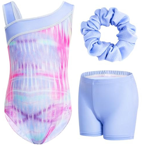 Gogokids Mädchen Drei Teiliges Gymnastikset, Y-Hals Ärmelloser Leotard mit Shorts und Haarband, Ballett Tanzender Leotard Gymnastikoutfit mit Blauem & Purpurfarbenem Farbblockdesign, 11-12 Jahre