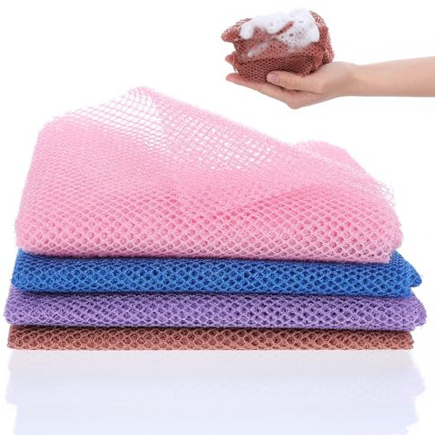 oruola 4pcs African Wash Net,African Net Sponge with Knots,Exfoliating Nets for Deep Cleaning,80 x 30 cm Long Africans Shower Sponge for Men and Women(Purple,Blue,Brown,Pink)