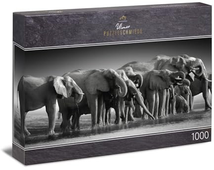 Ulmer Puzzleschmiede - Panorama-Puzzle 1000 Teile „Elefanten am Wasser“ - Anspruchsvolles Tierpuzzle in schwarz-weiß für motivierte Puzzler