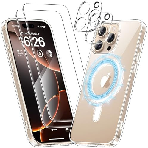 SOGUDE Coque pour iPhone 16 Pro Max avec 2 Verre Trempé et 2 Caméra Protecteur, Compatible avec MagSafe, 5 en 1 Magnétique Étui Aimantée de Protection Dos PC et Bumper TPU - Transparente