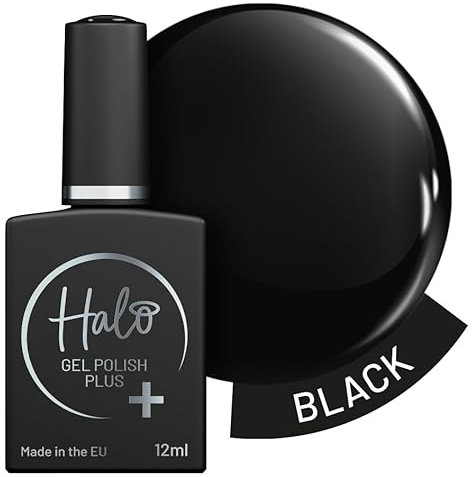 Halo Gel Polish Plus 12ml - Black. UV/LED Gel Nail Polish, Long Lasting & Easy To Apply. Nail Art Colours For Manicure & Pedicure. Hema Free Gel Polish For Professional & Home Use.
