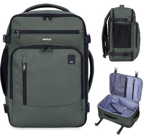 ECOHUB Ryanair Mochila Viaje Cabina Avion 40x20x25 Maletas de Viaje Cabina Bolsa de Viaje Bolso del Ordenador Portátil Maleta de Mano Under Seat Eco PET Mochila para Equipaje de Mano 20L,Verde militar