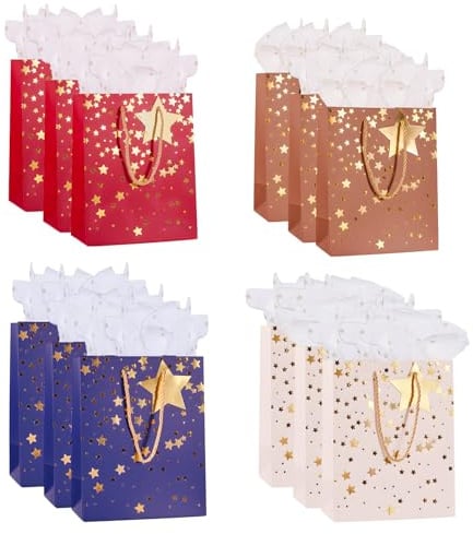 12Pack Medium Gift Bags With Tissue Paper,4 Color,18×23×10CM | Star Design,Paper Gift Bag with Gift Tags for Men Women's Birthday,Christmas,Thanksgiving..All Occation