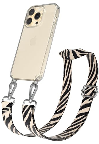 EAZY CASE Handykette - Verstellbares Taschenband kompatibel mit iPhone 14 Pro, Schulterriemen, Handykordel mit Silikon Hülle, Umhängetasche, Zebra - Schwarz Beige Silber