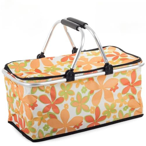 Alu Einkaufskorb Tasche Faltbar Picknickkorb Klappbar mit Deckel Kühlkorb Thermo (Orange Blumen)