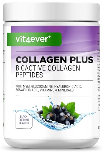 vit4ever Collagen Plus - 500 g Polvere - Collagene tipo 1 e 3 - Ribes nero | Con MSM, Glucosamina HCL, Acido Ialuronico, Estratto di Incenso - 100% Peptidi di Collagene Idrolizzato bioattivo