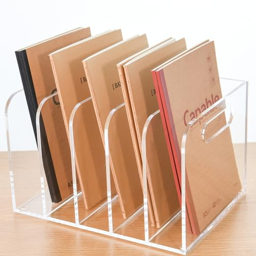 AIMOLLY Porte-revues en acrylique B5, support pour magazines en acrylique, classeur avec 5 compartiments, organisateur de bureau pour l'organisation et le rangement de bureau, organisateur de bureau