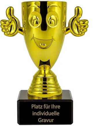 eberin Smiley Pokal Gold mit Wunschgravur Lustige Auszeichnung Siegerpokal | 360 g | Goldfarbener Smiley aus Kunststoff | Sockel aus echtem Marmor | Gravurschild inklusive | Ideal als Spaßpokal