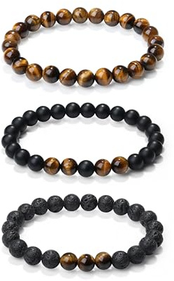 XIANNVXI 3 PièCes Bracelet Perle Homme Ensemble 8mm Cristal Perlé Bracelet Pierre Naturelle Homme Bijoux Cadeau Bracelets Porte Bonheur Hommes Bracelets Elastique Cadeaux Pour PèRe, Mari, Petit Ami