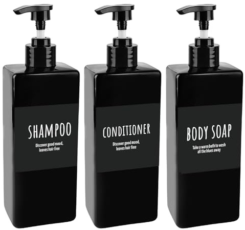 Shampoo Flaschen zum Befüllen 500ml - 3er Pumpflasche Nachfüllbare Shampoo Spender Kunststoff Pumpspender Duschgel Waschmittelspender mit Etiketten für Dusche Küche, Schwarz