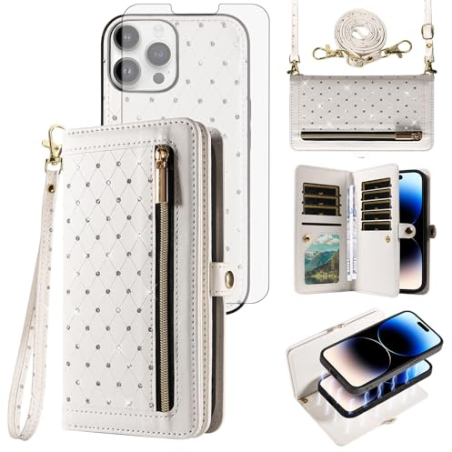 Phone Case for iPhone 11 Pro Max 6.5 Zipper Wallet Detachable Cover with Screen Protector Crossbody Lanyard Strap Bling Flip Credit Card Holder Slots iPhone11 11pro Promax i XI Plus Women White